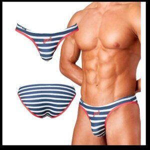 NWT GOTTZU "GX3" BIKINI BRIEF, BLUE AND WHITE STRIPES, ASIAN SIZE "XL" (32"-33")
